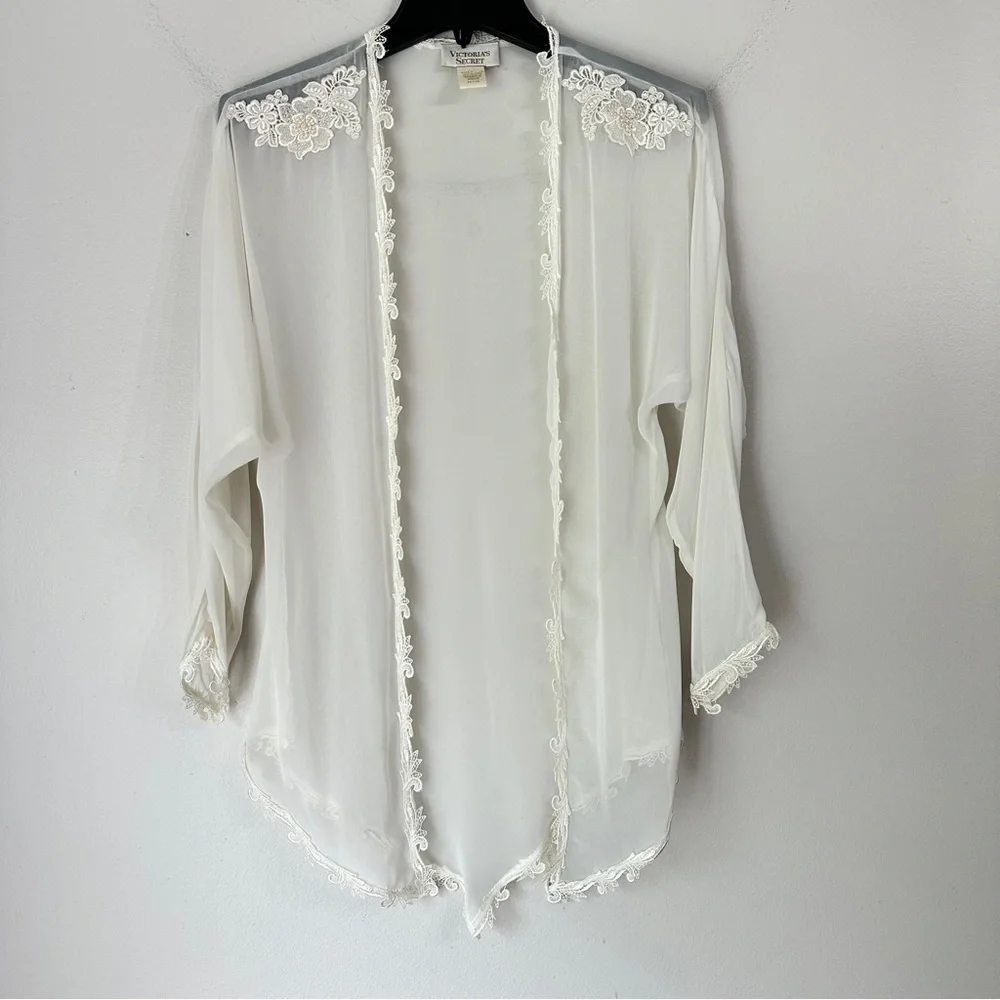 Victoria's Secret Vintage Gold Label Ivory Sheer Lace Lingerie Robe Medium